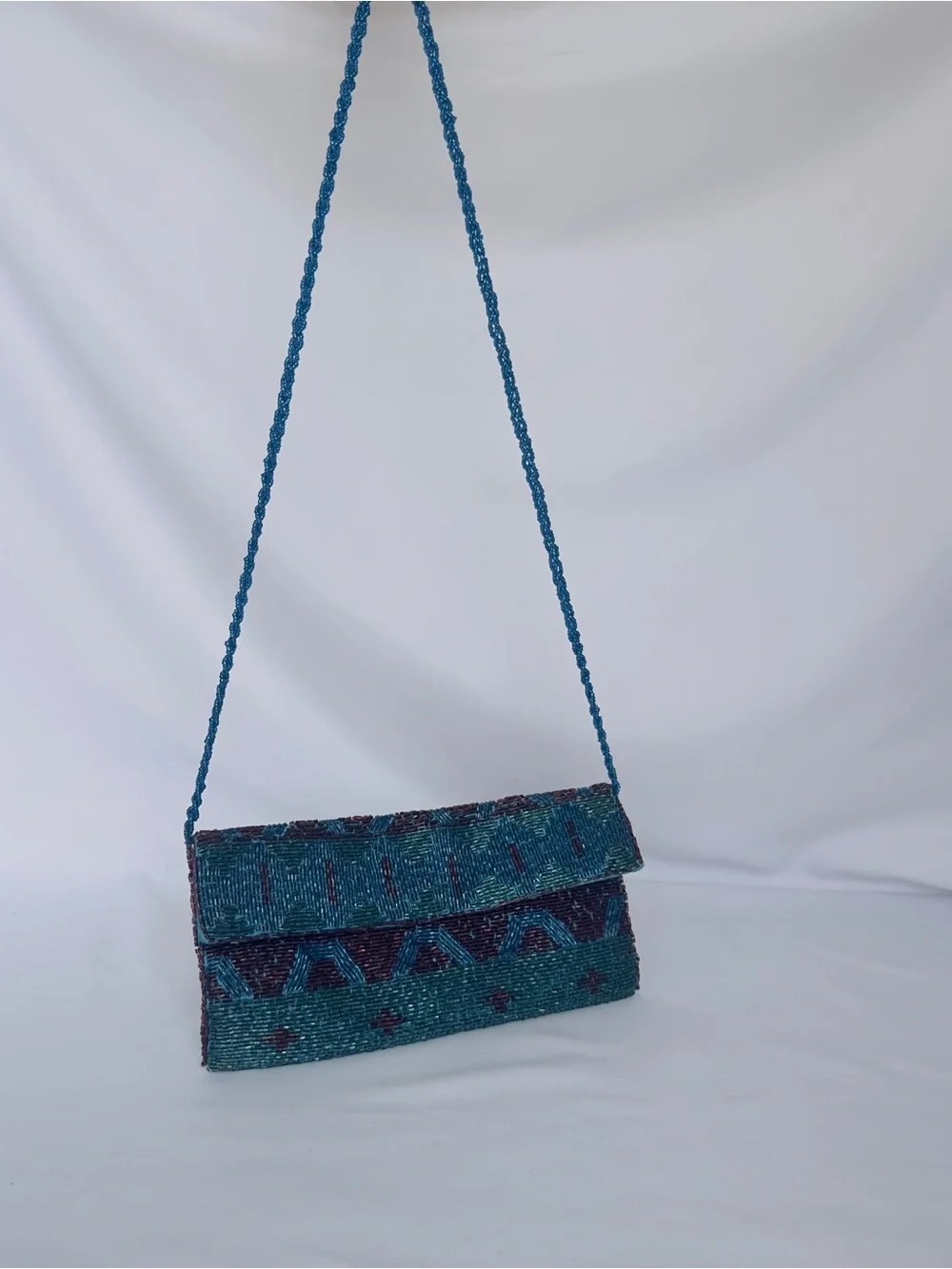 Expressions NYC Blue & Brown Bronze Bugle Beaded Evening Clutch Bag Shoulder
